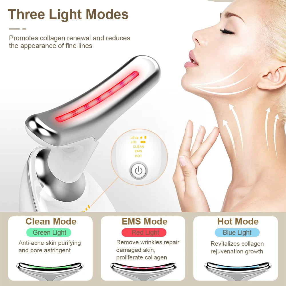 TERAPIA DE LUZ ROJA EMS ESTIRAMIENTO FACIAL Y DE CUELLO ELIMINADOR DE ARRUGAS MASAJEADOR TENSOR