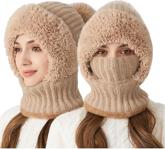 Knitted Hat in Autumn and Winter, 3 in 1 Cold Resistant Hat, Wind-Resistant ScarfHat Face Mask Hooded Scarf