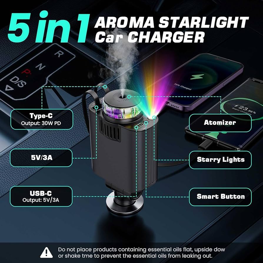 5-in-1 Retractable Fast Car Charger with Starlight Lamp, Air Freshener & PD 30W Multi-Port Charging – Universal Travel Accessory for iPhone & Android